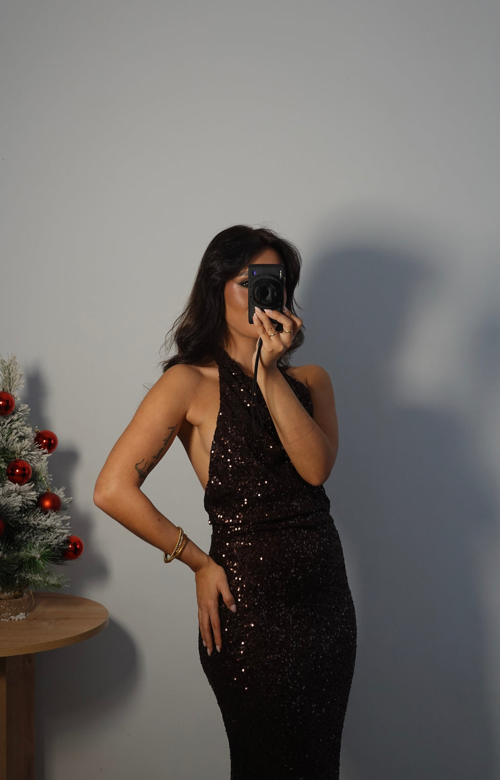 Vestido Lentejuelas Halter Marrón