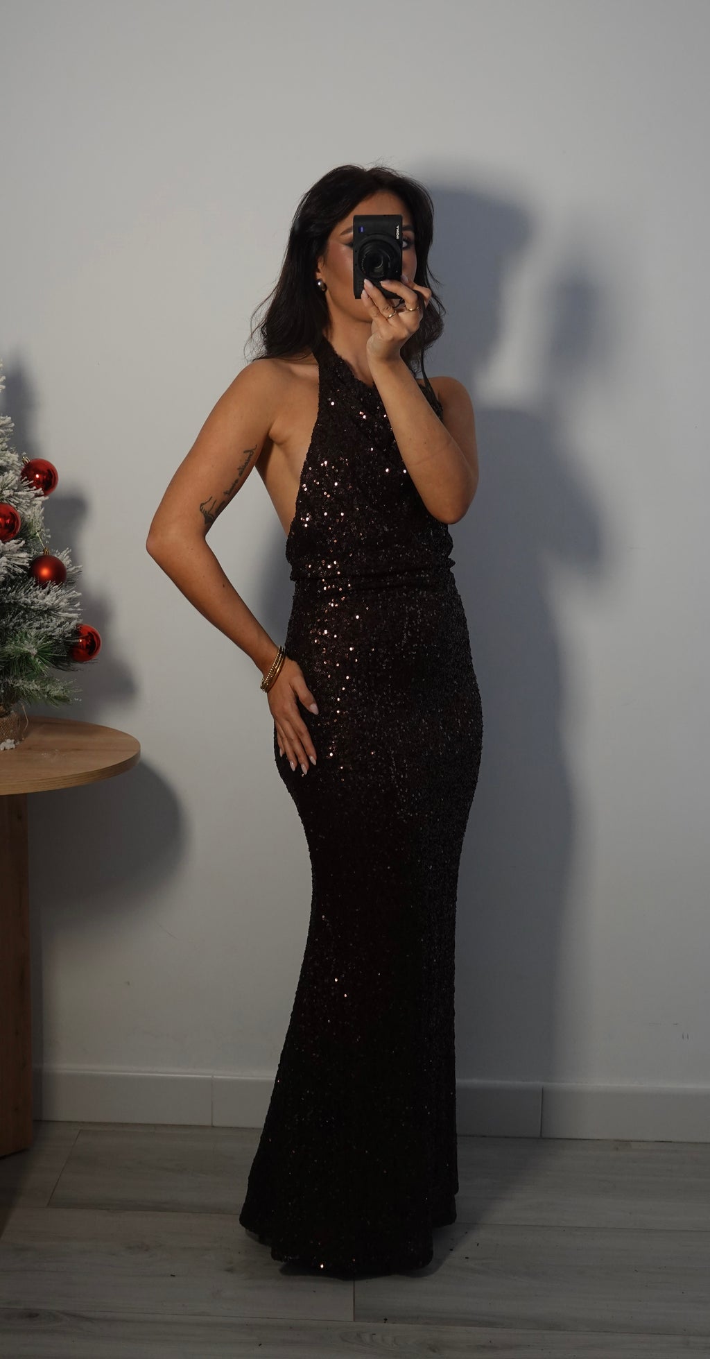 Vestido Lentejuelas Halter Marrón