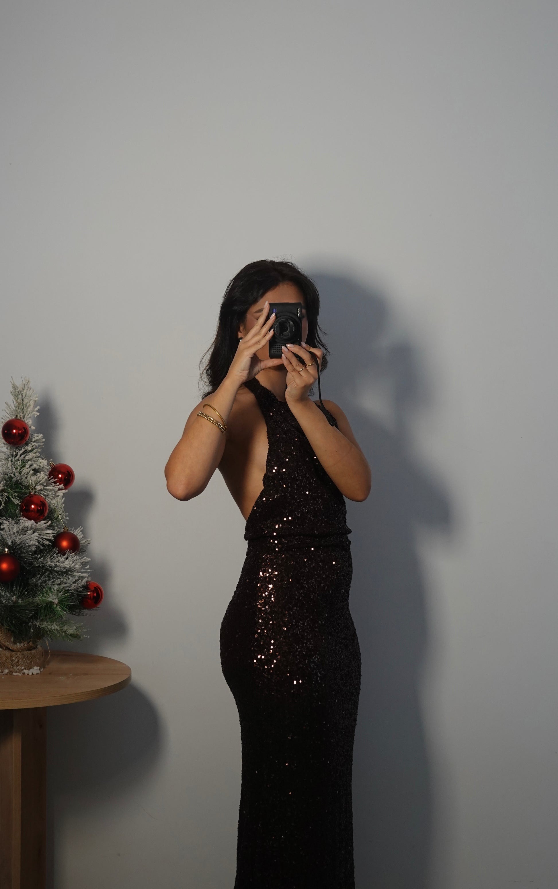 Vestido Lentejuelas Halter Marrón