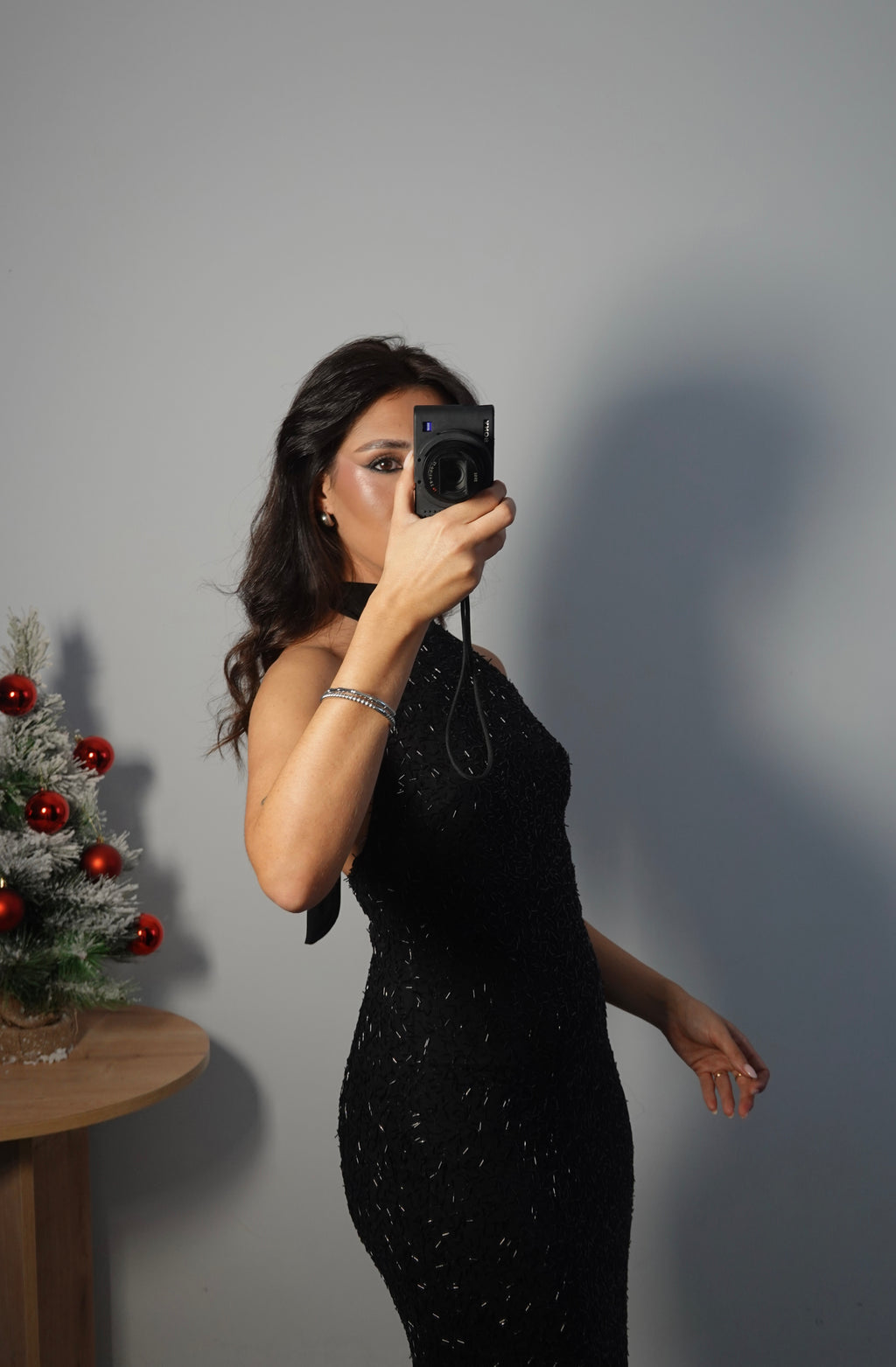 Vestido Lentejuela Halter con lazo - Negro