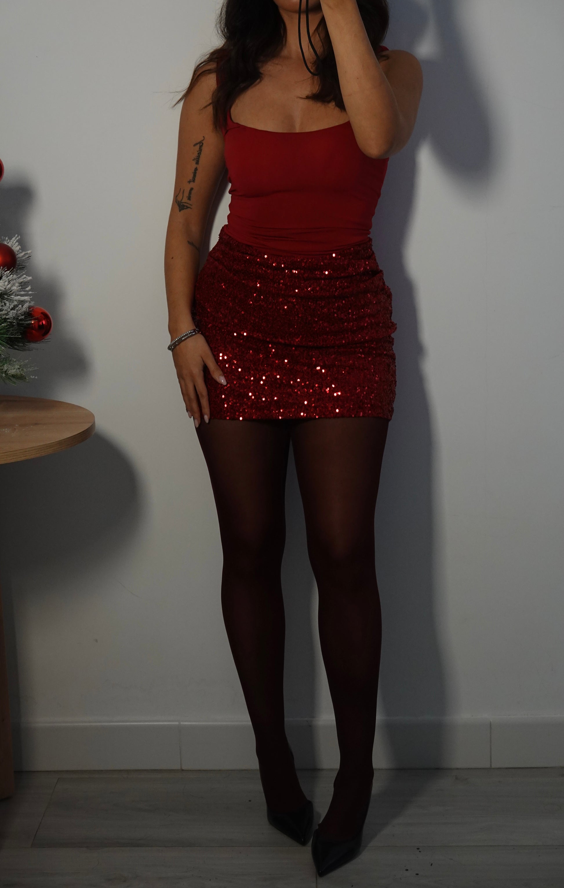 Vestido Falda Lentejuela - Rojo Vino