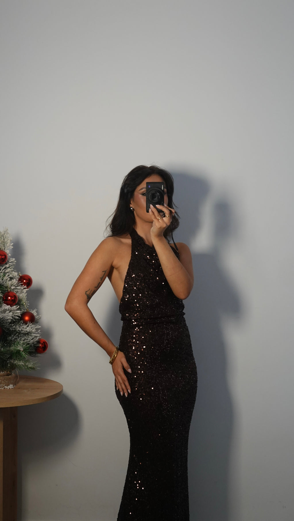 Vestido Lentejuelas Halter Marrón