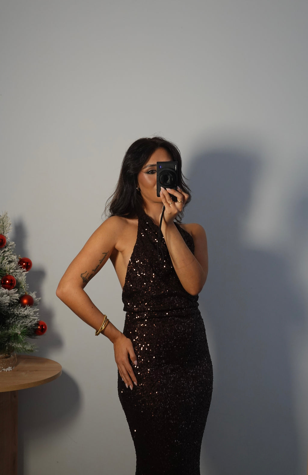 Vestido Lentejuelas Halter Marrón