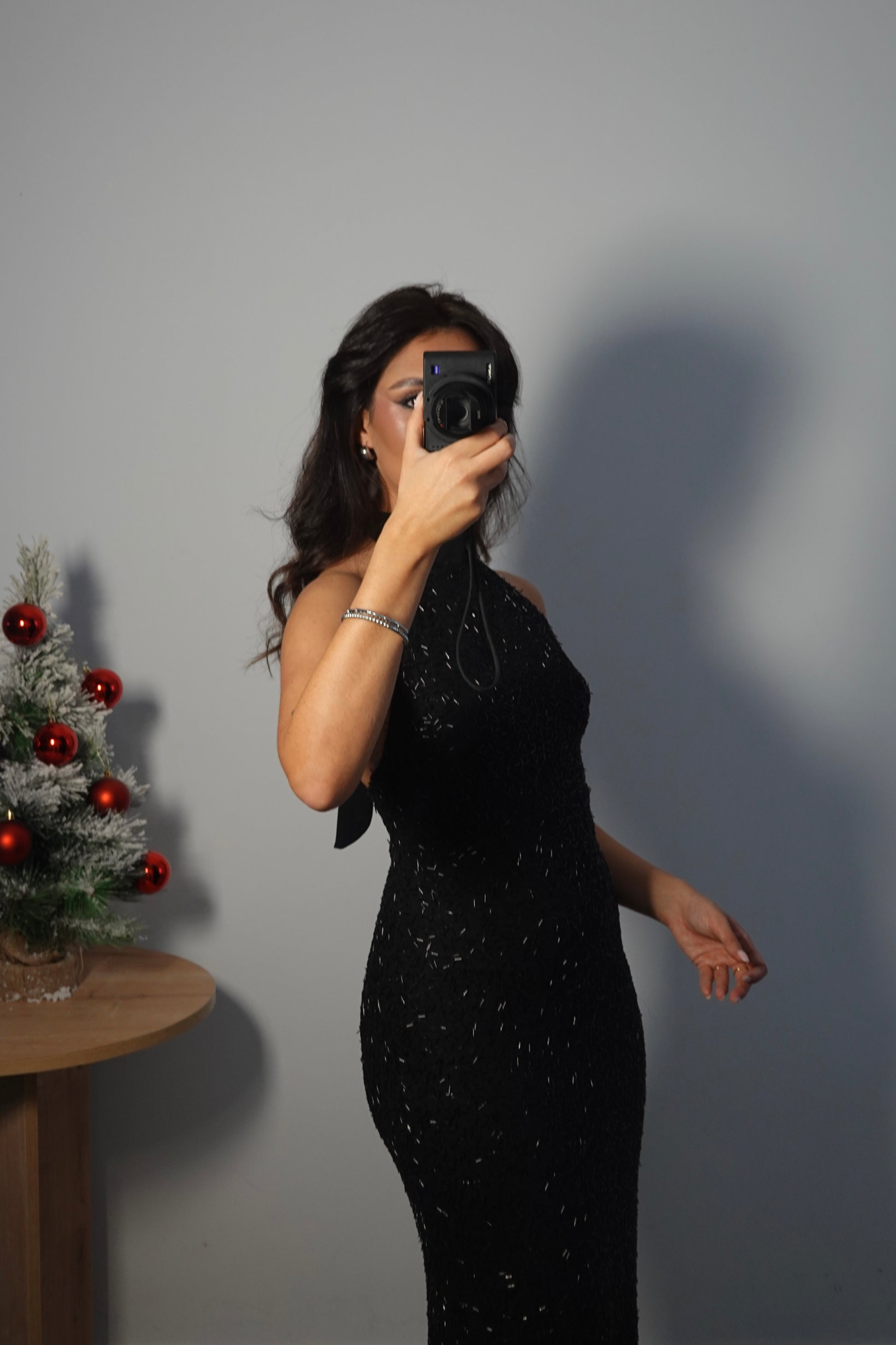 Vestido Lentejuela Halter con lazo - Negro