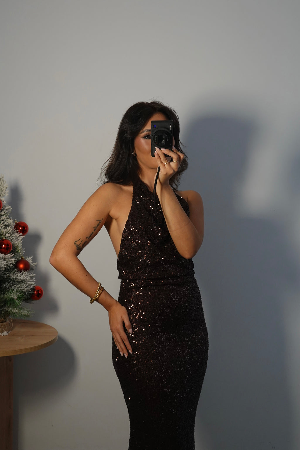 Vestido Lentejuelas Halter Marrón