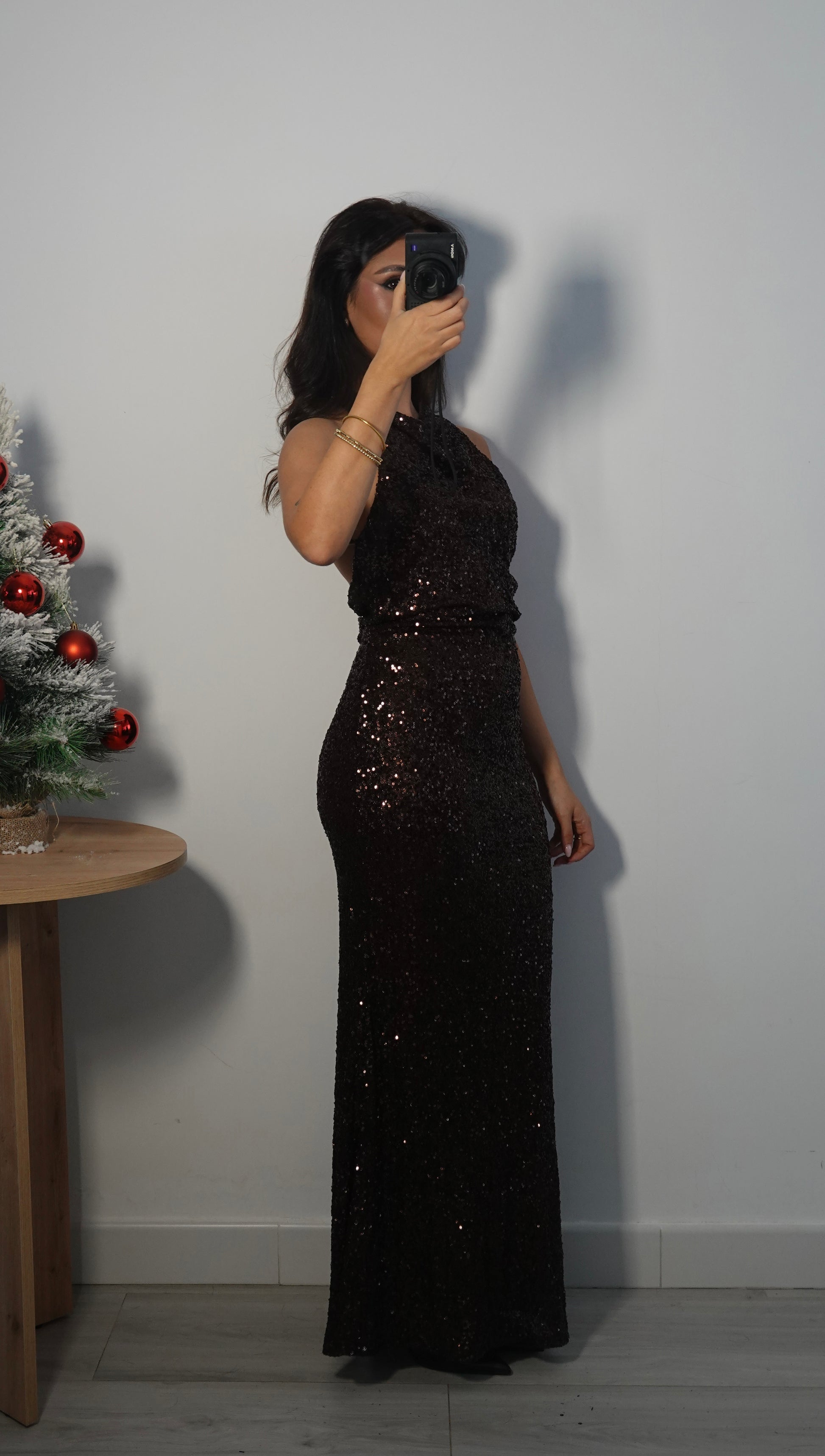 Vestido Lentejuelas Halter Marrón