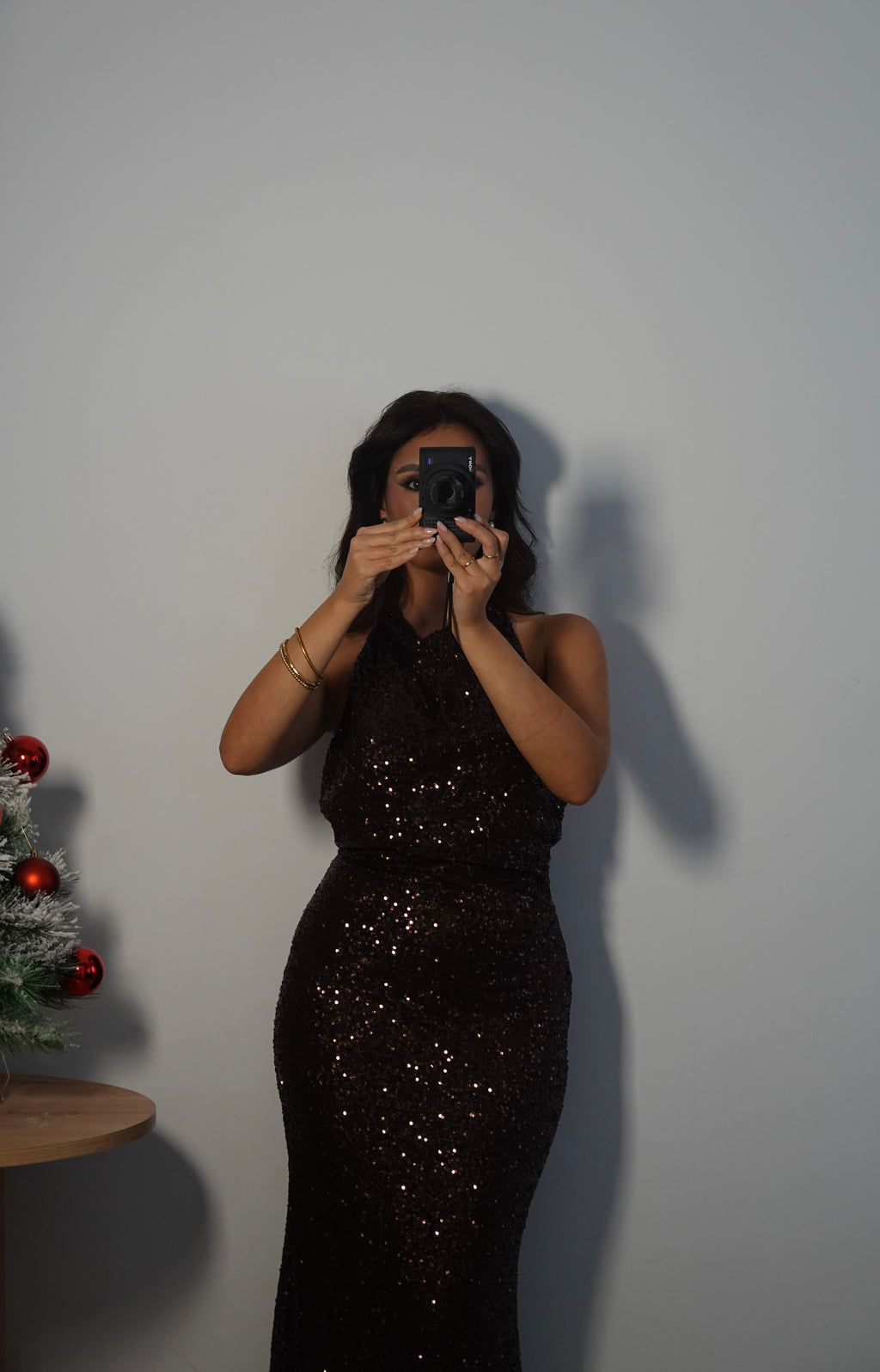 Vestido Lentejuelas Halter Marrón