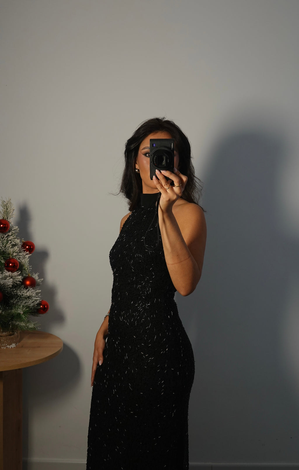 Vestido Lentejuela Halter con lazo - Negro