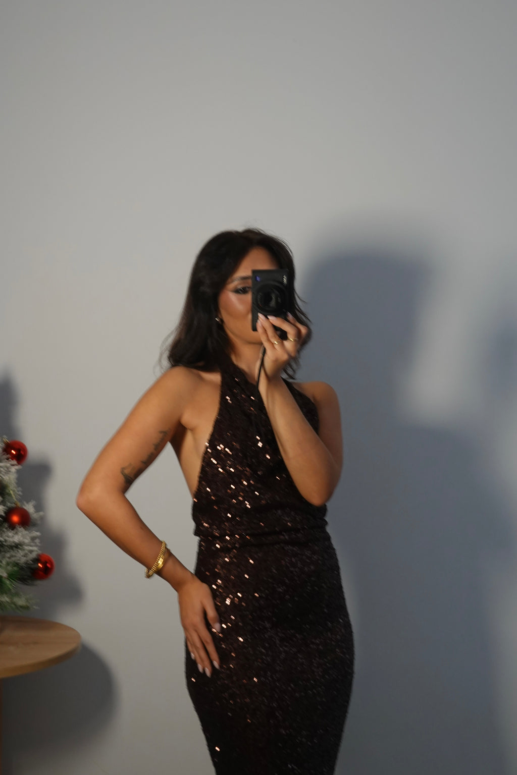 Vestido Lentejuelas Halter Marrón