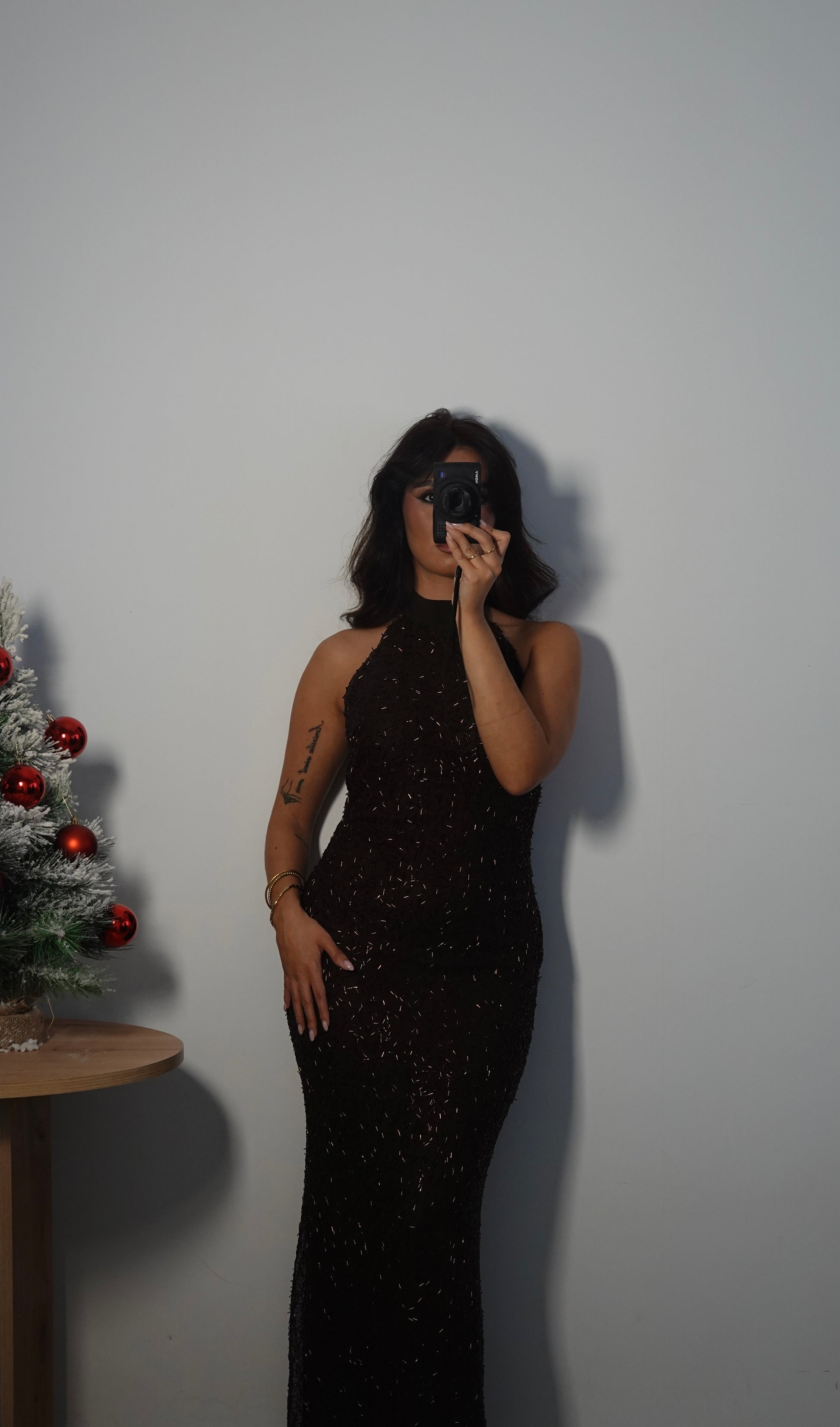 Vestido Lentejuela Halter con lazo - Marrón