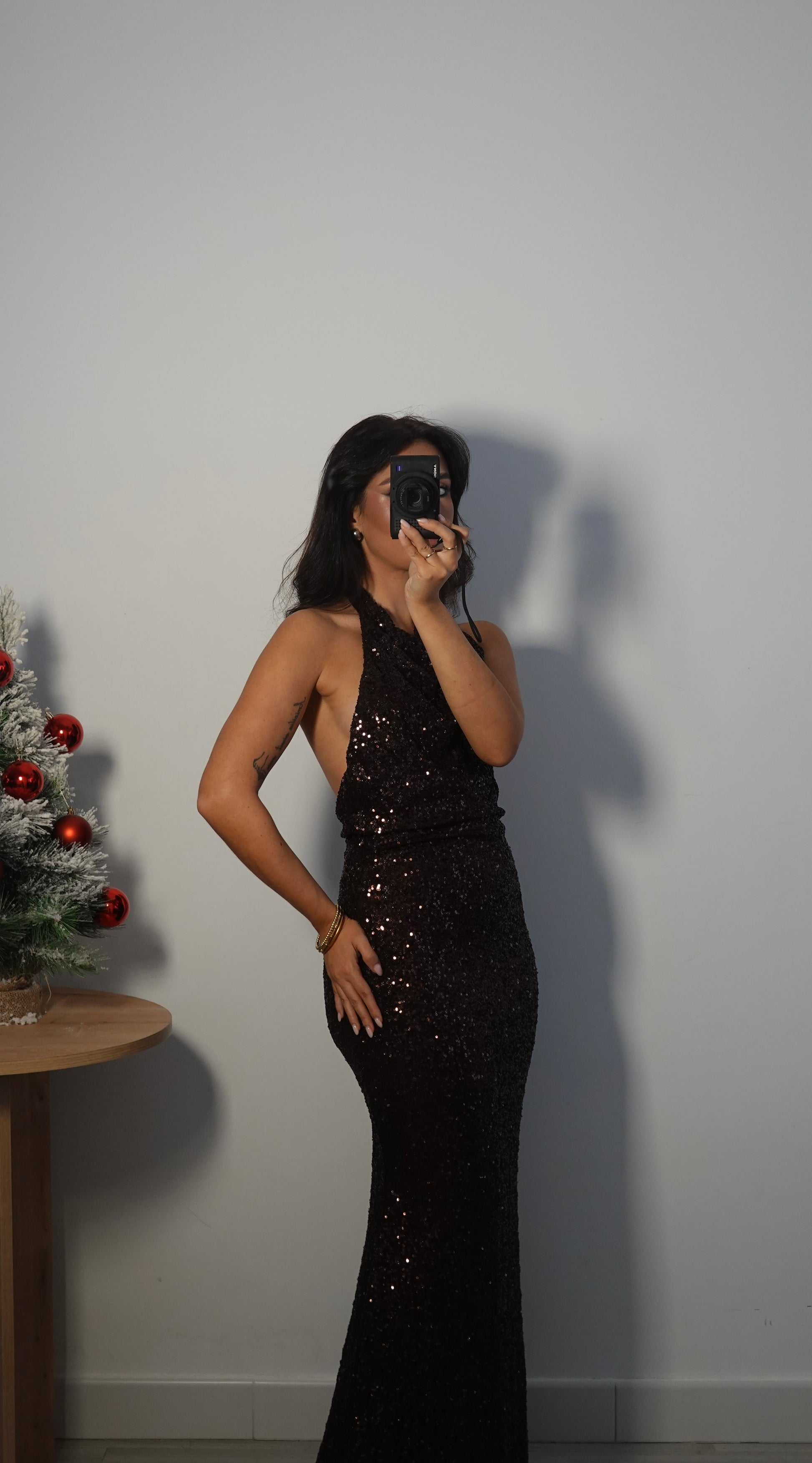 Vestido Lentejuelas Halter Marrón