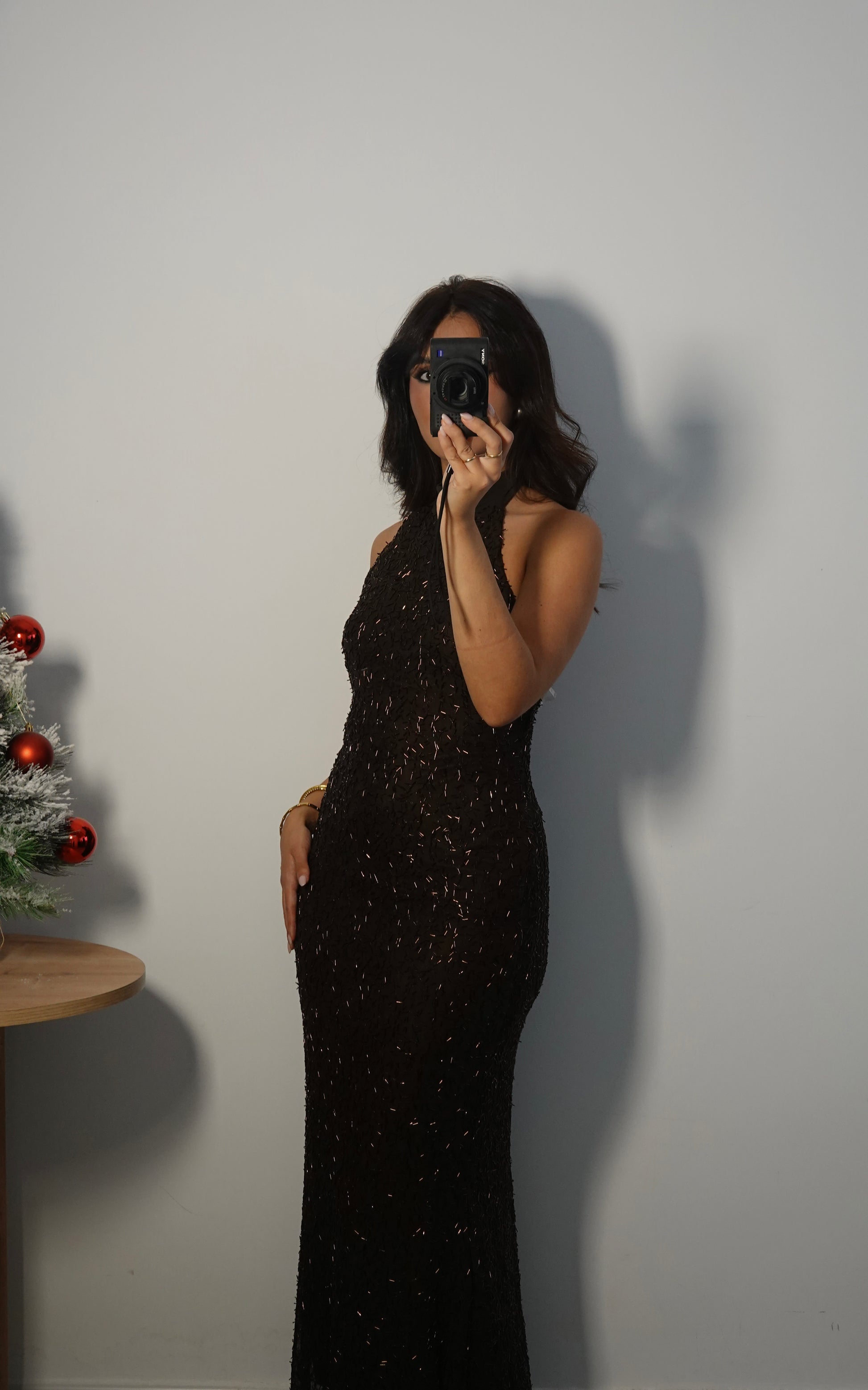 Vestido Lentejuela Halter con lazo - Marrón