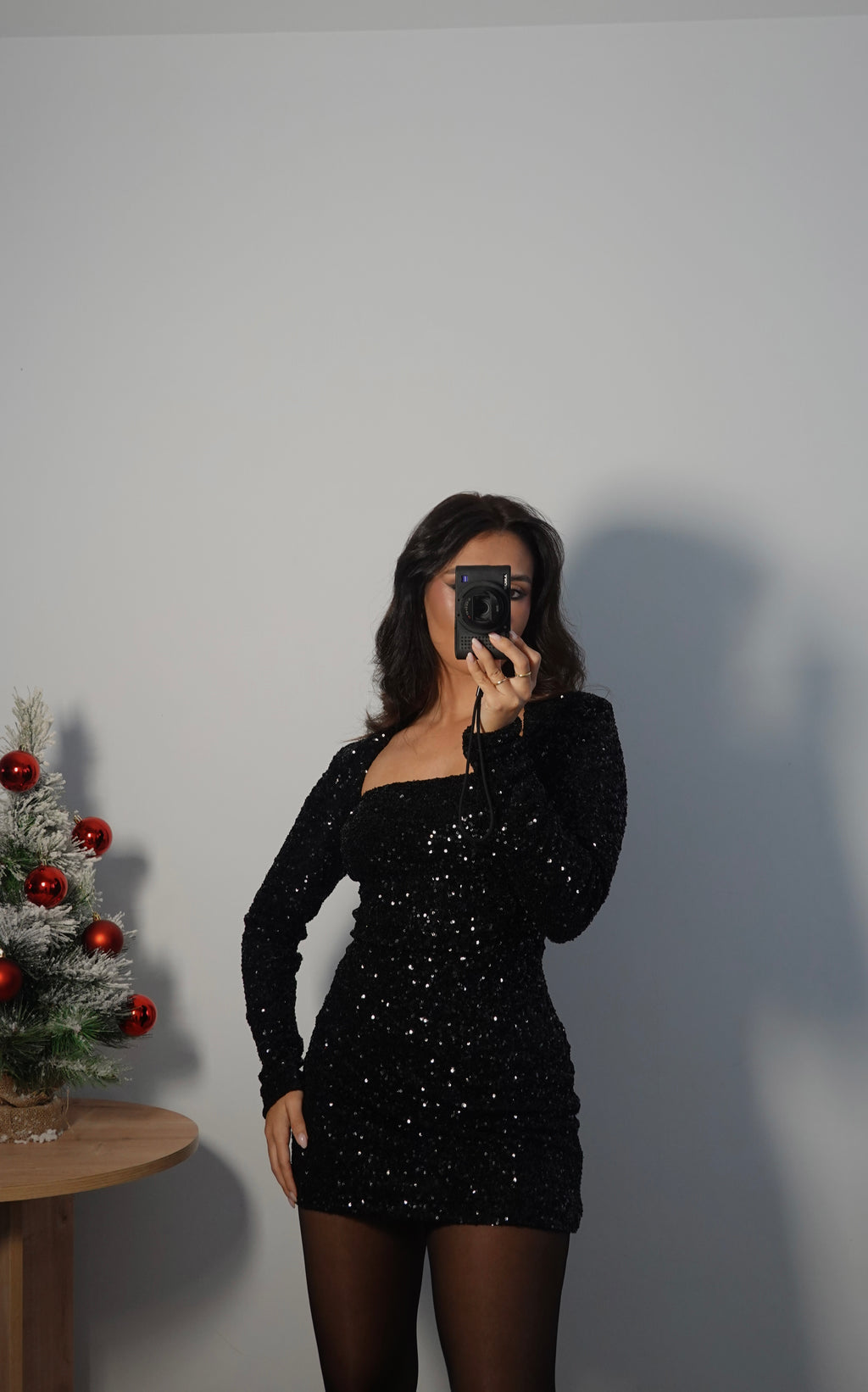 Vestido Lentejuelas Manga - Negro