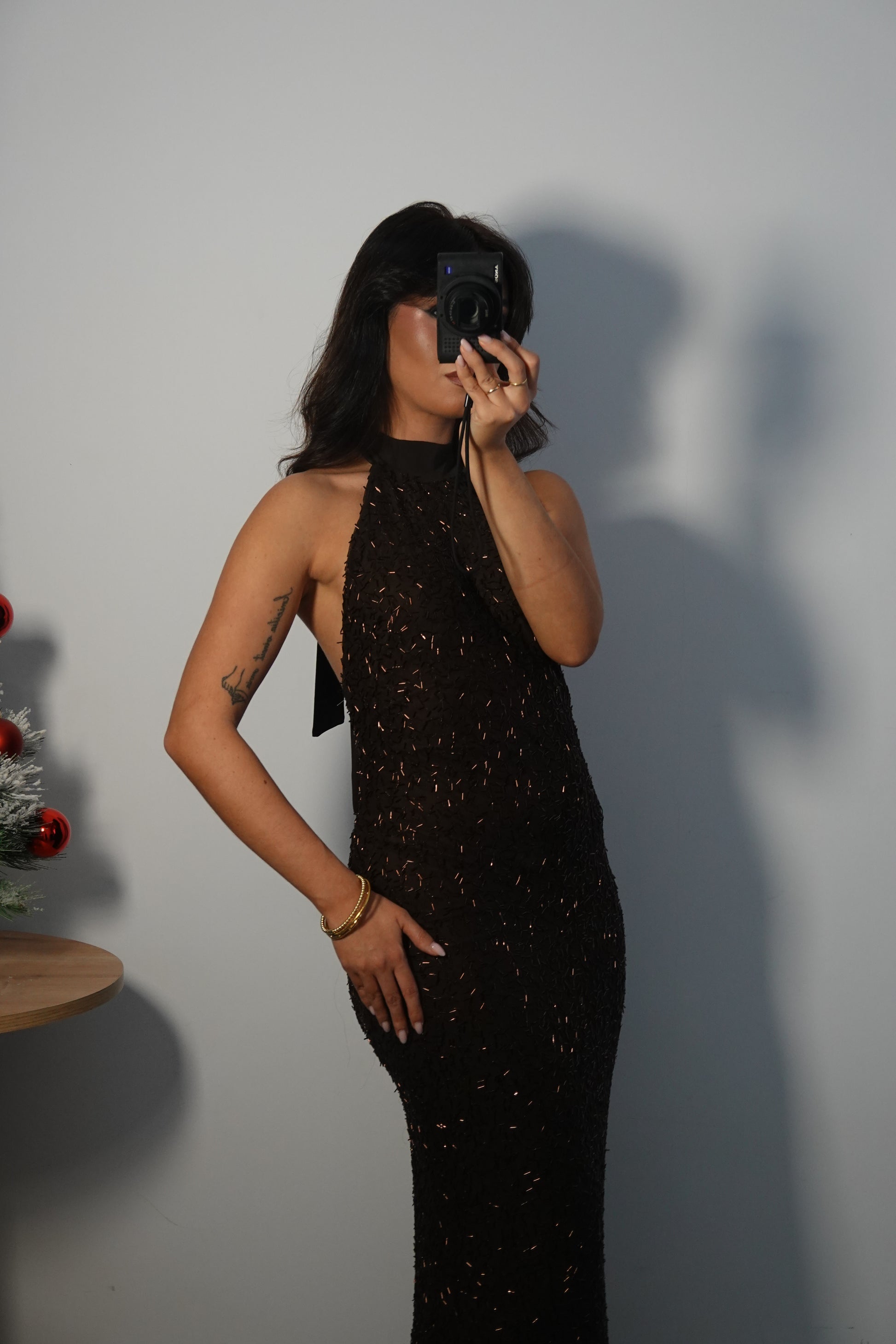 Vestido Lentejuela Halter con lazo - Marrón