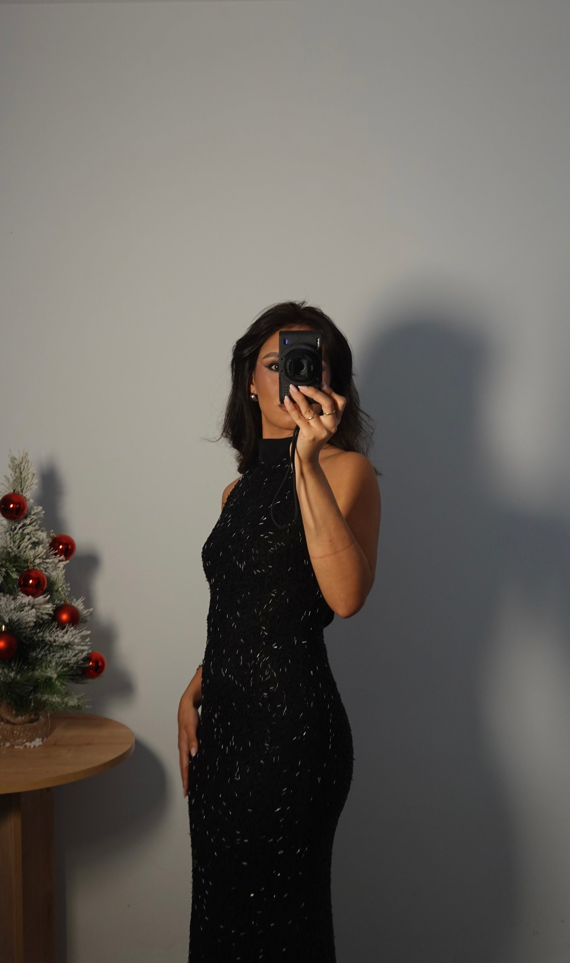 Vestido Lentejuela Halter con lazo - Negro