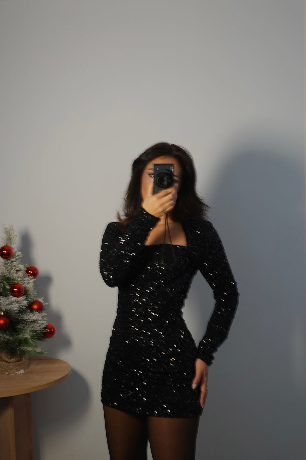 Vestido Lentejuelas Manga - Negro