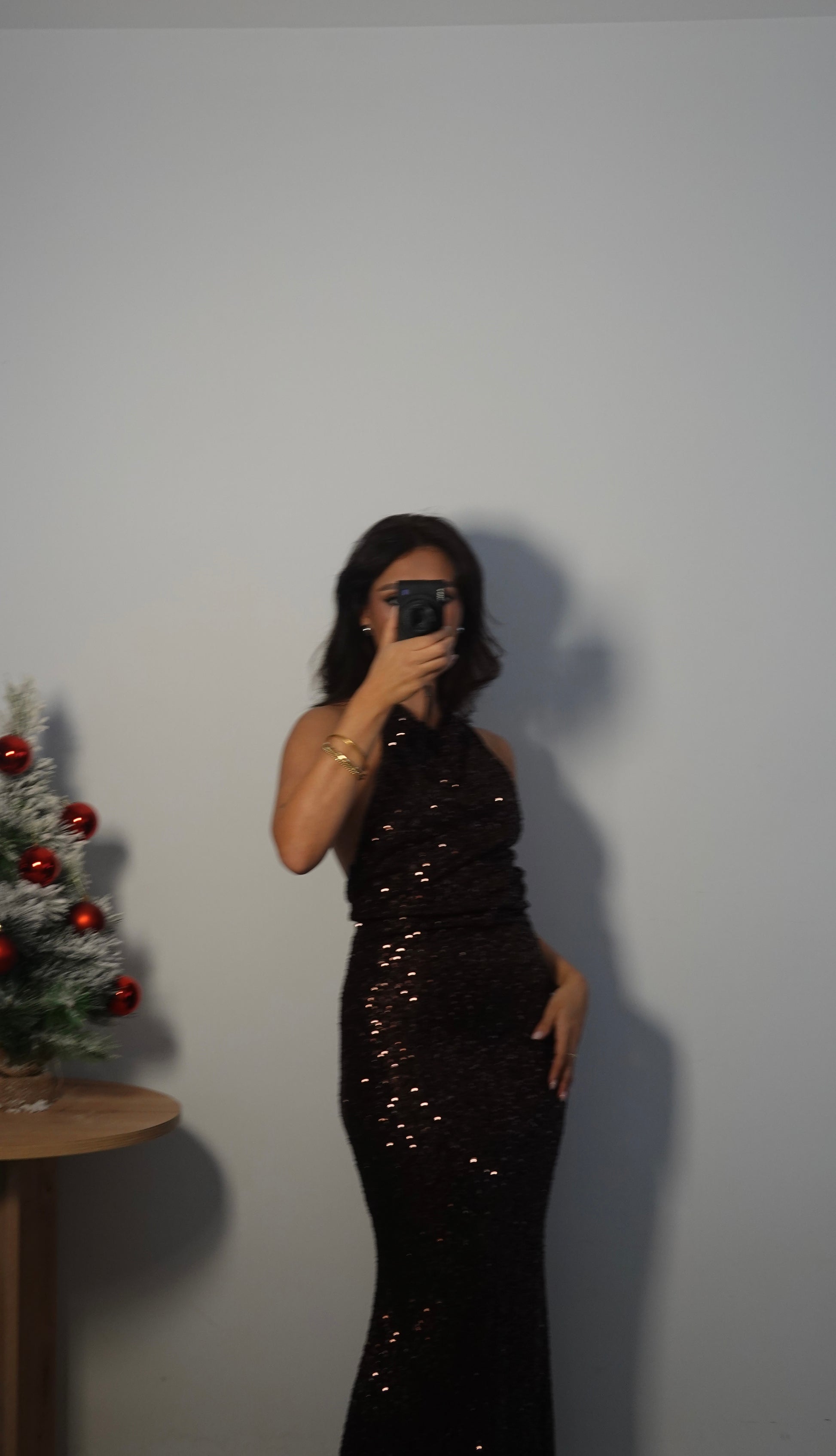 Vestido Lentejuelas Halter Marrón