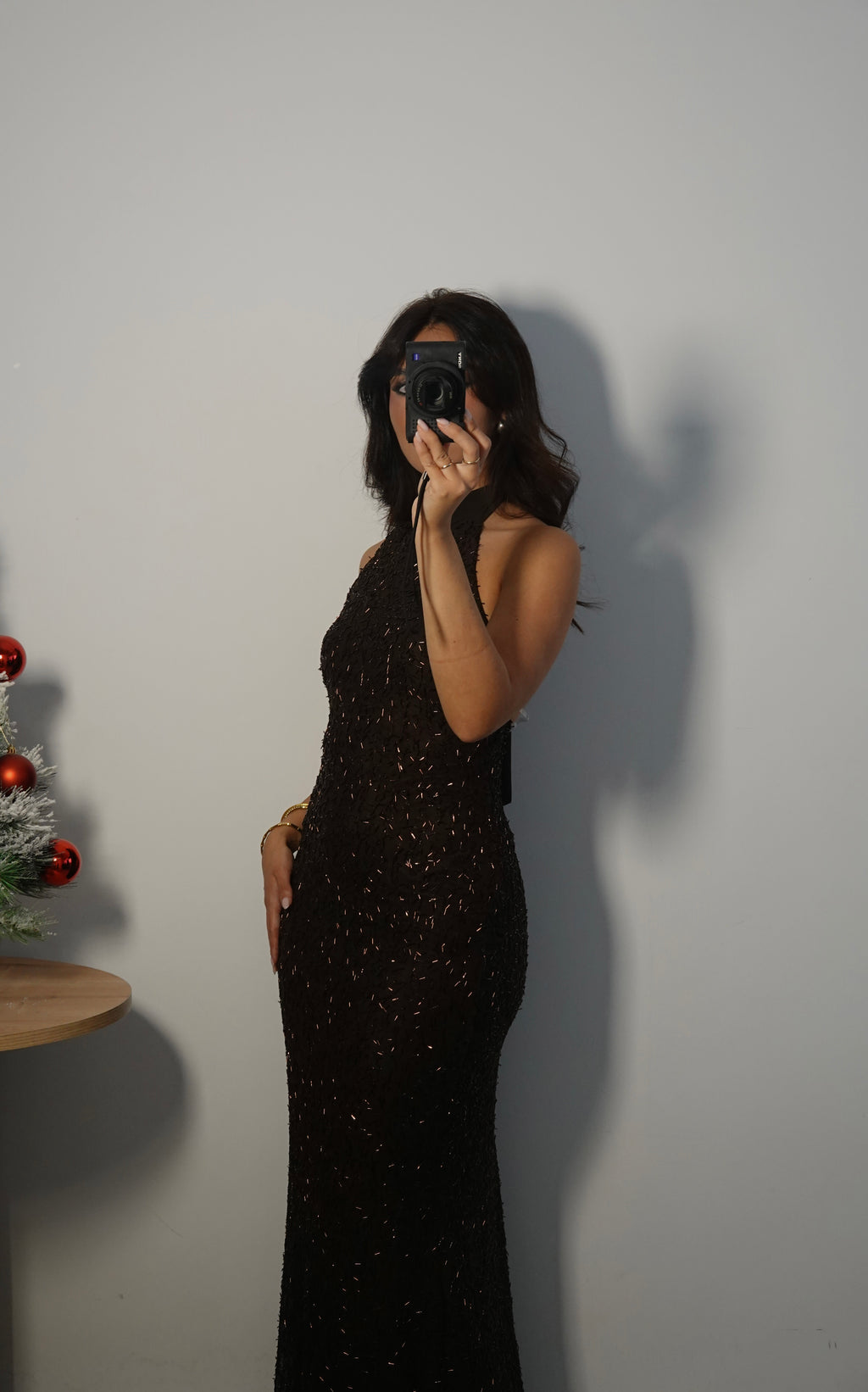 Vestido Lentejuela Halter con lazo - Marrón