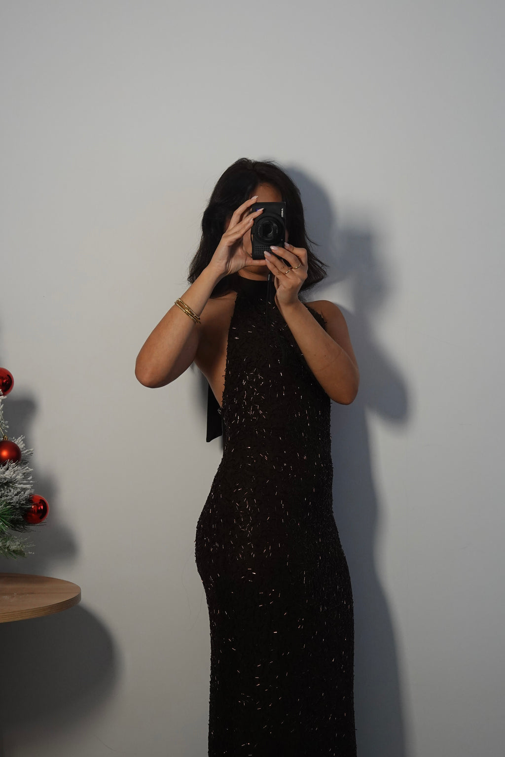 Vestido Lentejuela Halter con lazo - Marrón