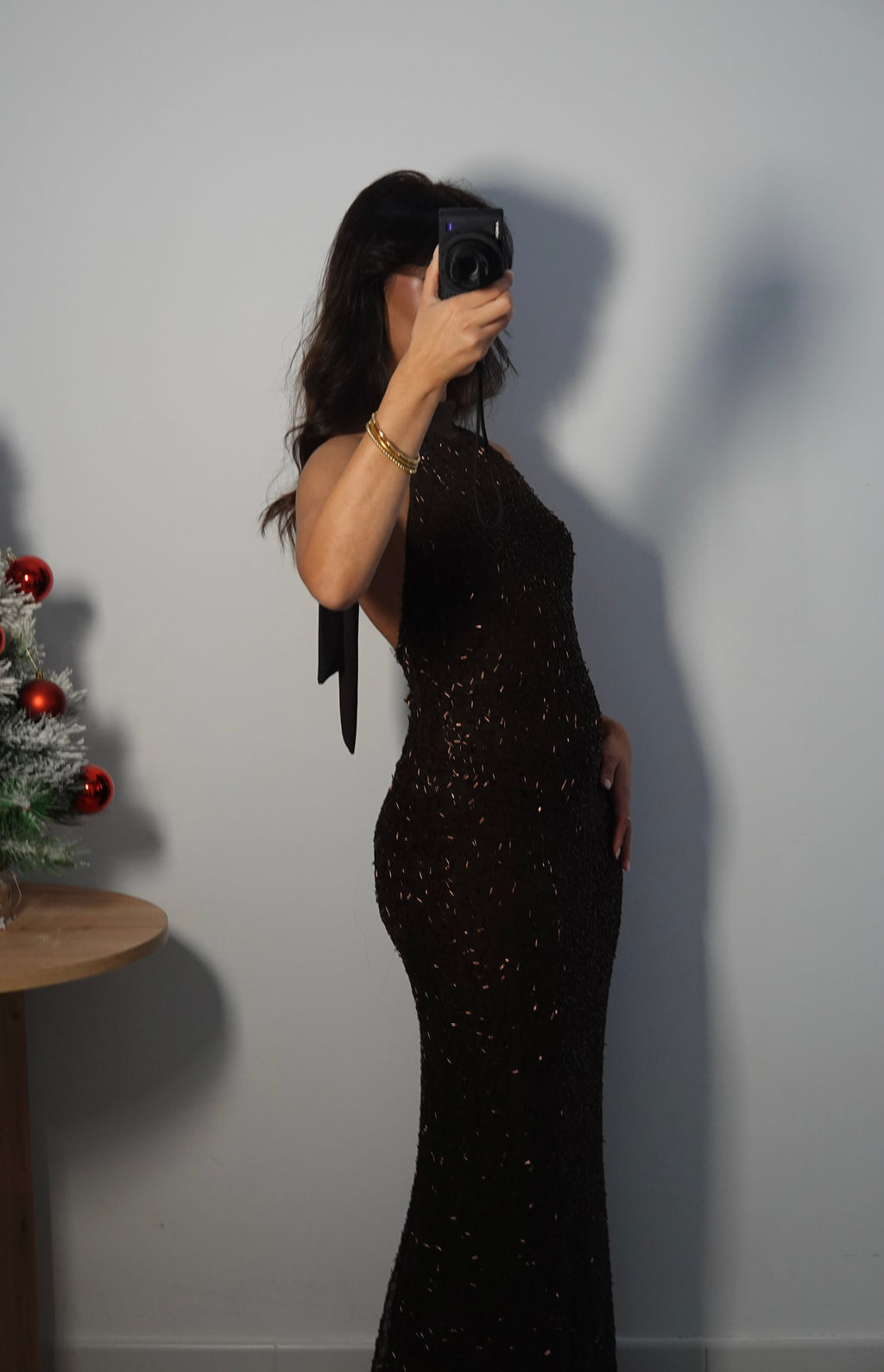 Vestido Lentejuela Halter con lazo - Marrón