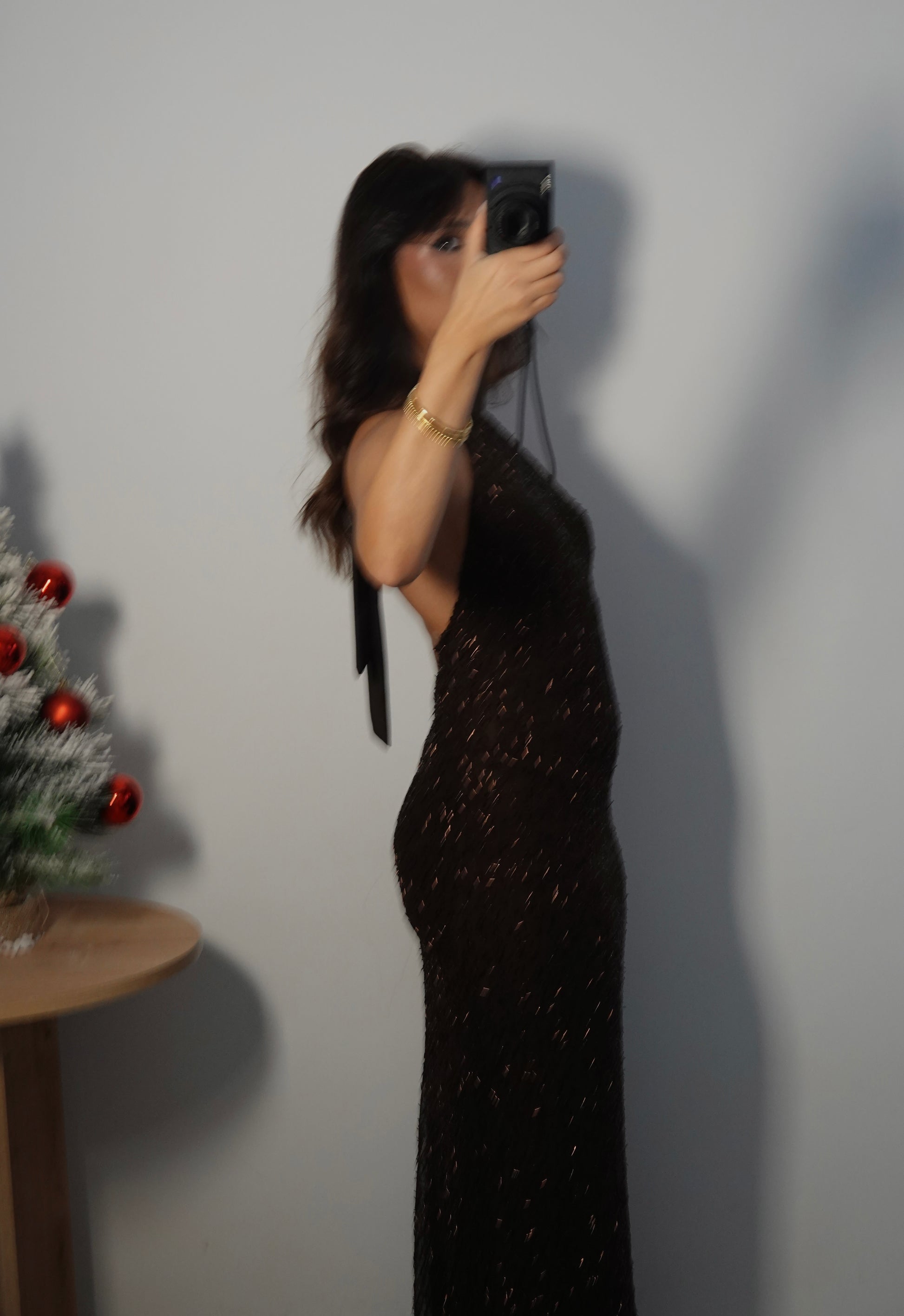 Vestido Lentejuela Halter con lazo - Marrón