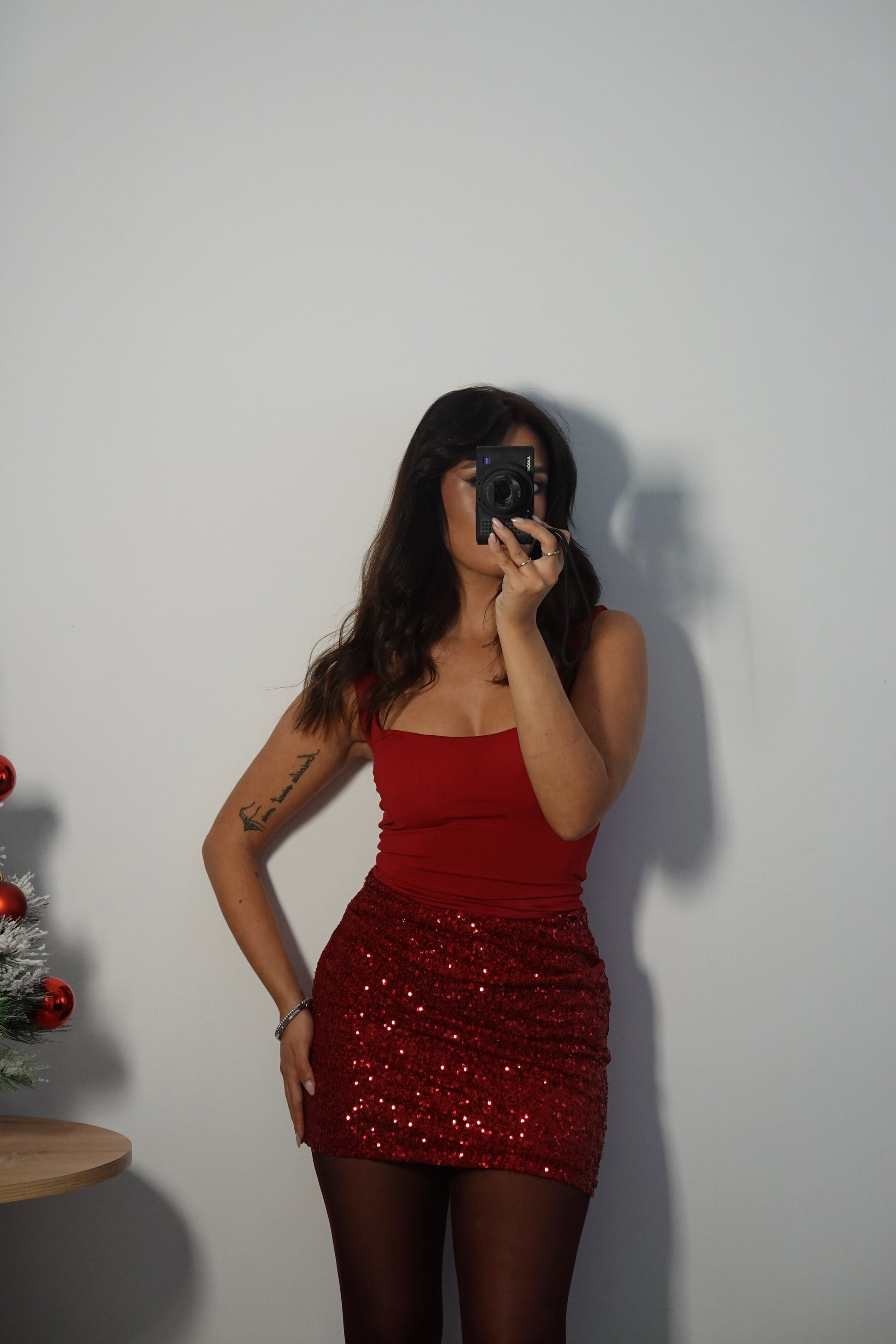 Vestido Falda Lentejuela - Rojo Vino