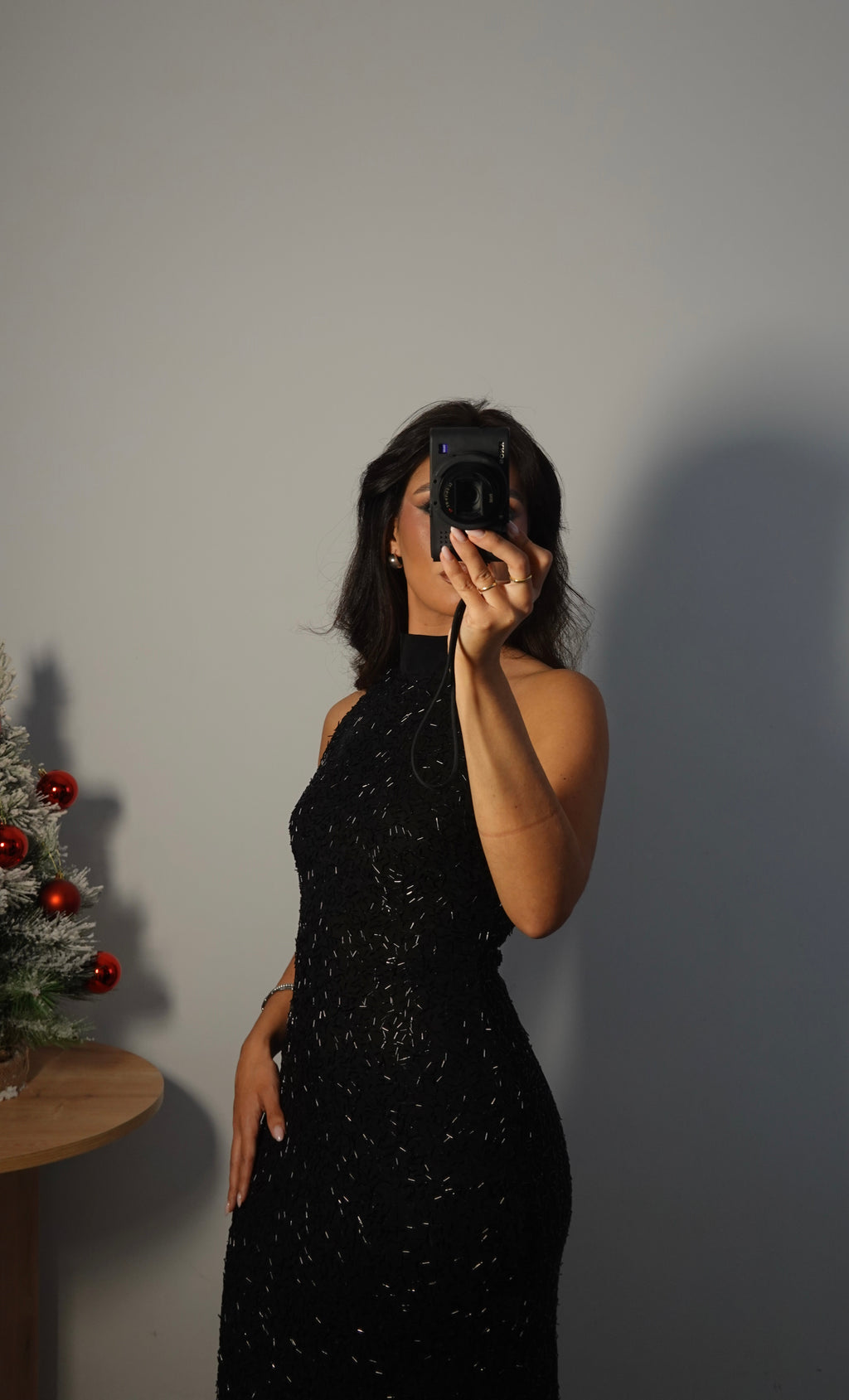 Vestido Lentejuela Halter con lazo - Negro