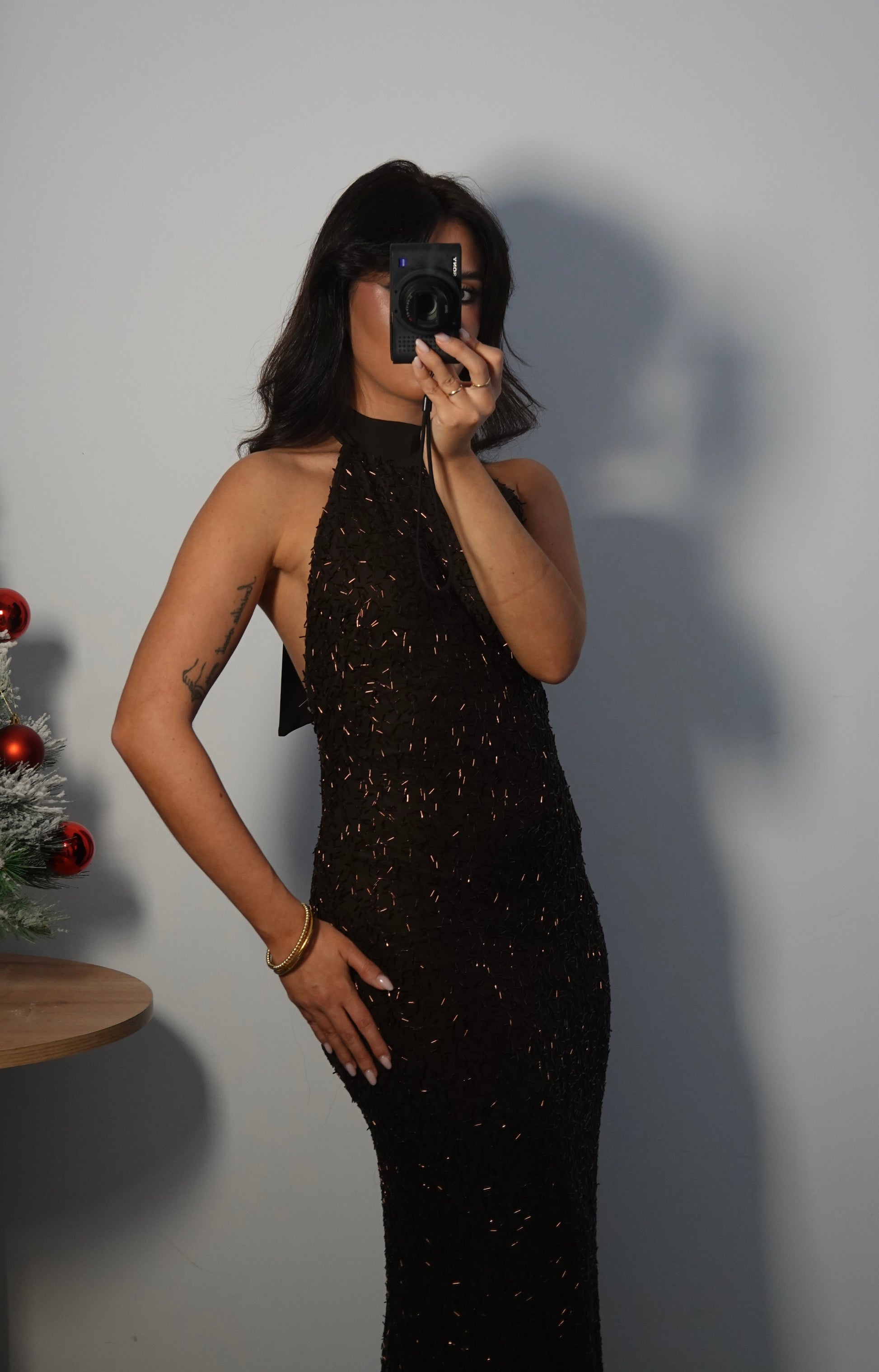Vestido Lentejuela Halter con lazo - Marrón