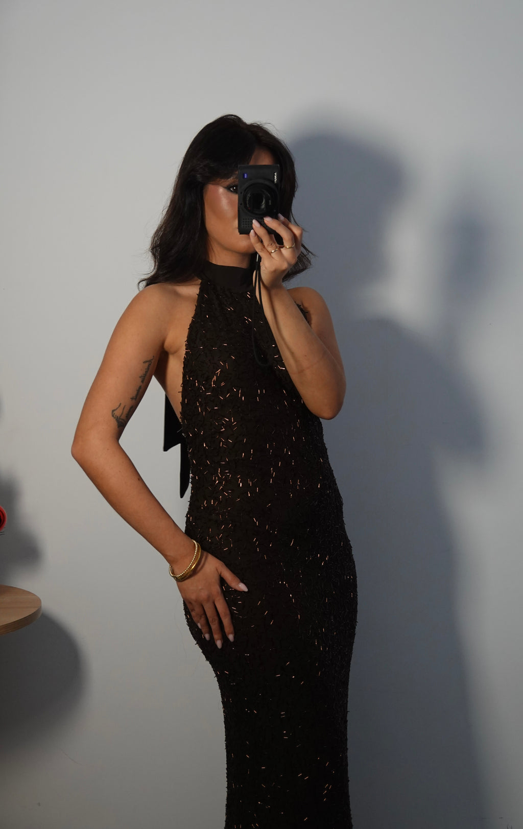 Vestido Lentejuela Halter con lazo - Marrón