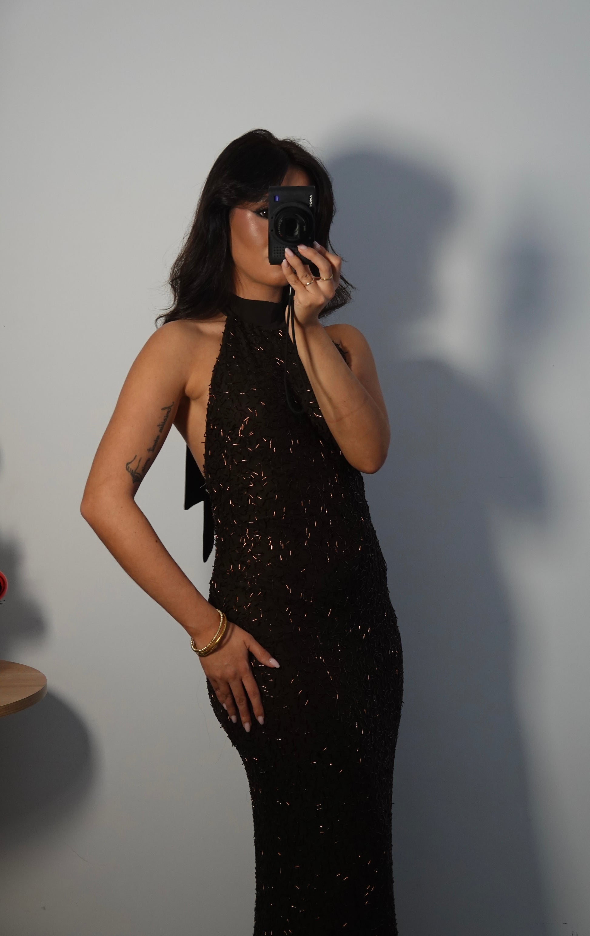 Vestido Lentejuela Halter con lazo - Marrón