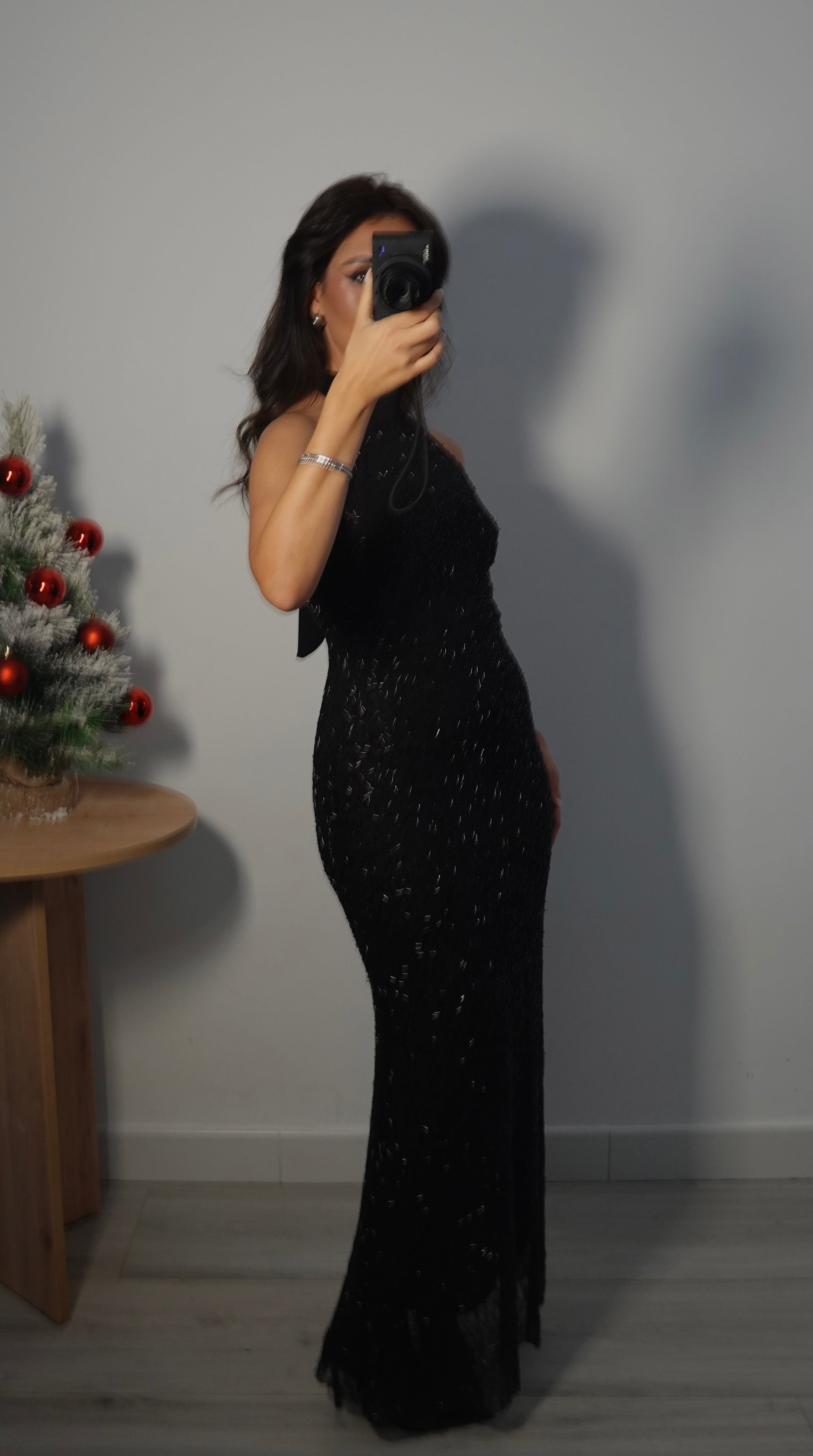 Vestido Lentejuela Halter con lazo - Negro