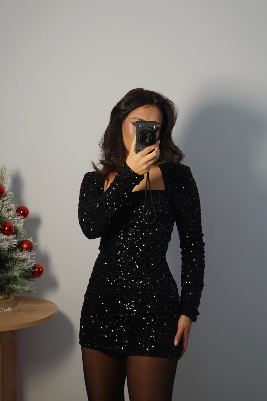 Vestido Lentejuelas Manga - Negro