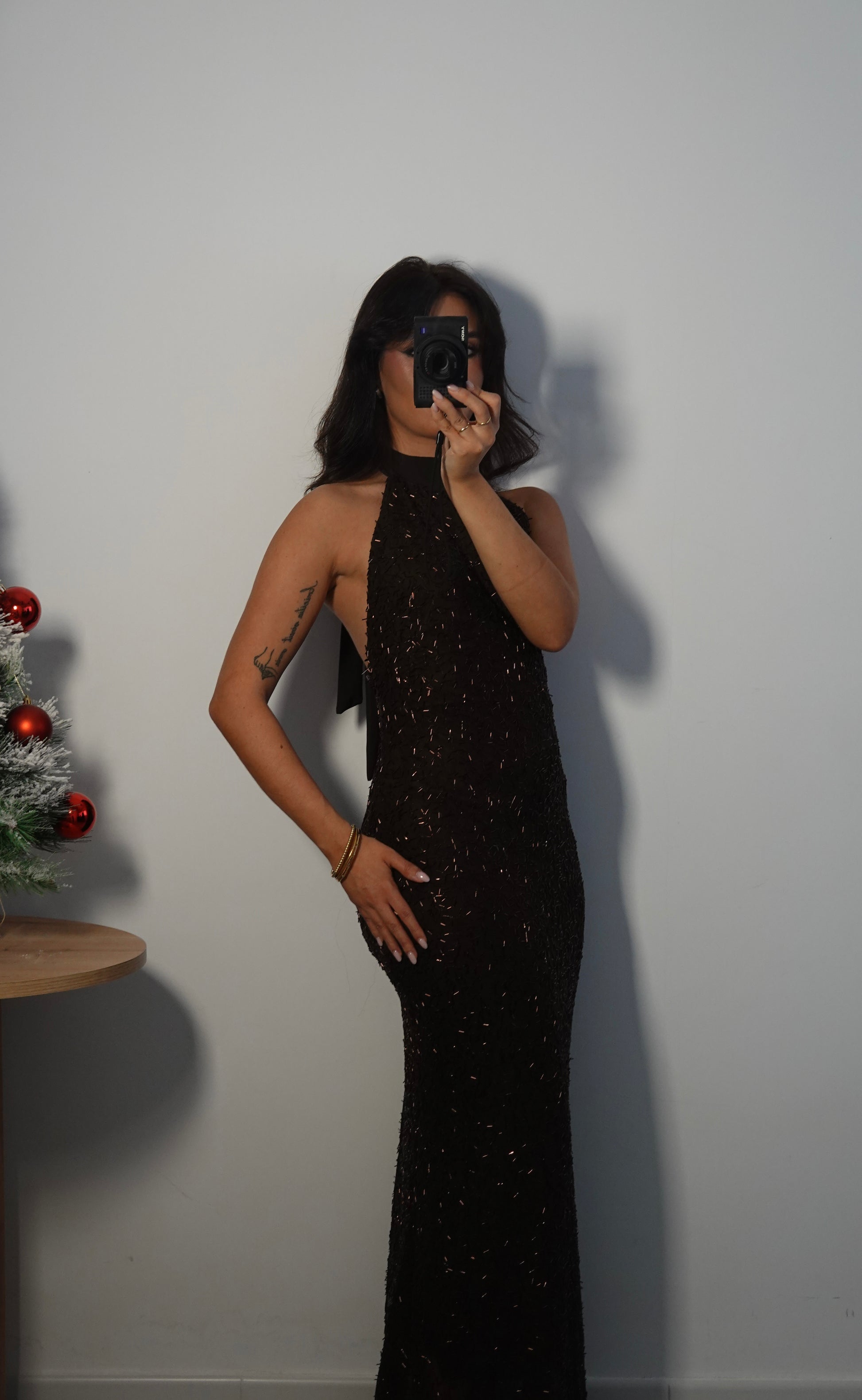 Vestido Lentejuela Halter con lazo - Marrón